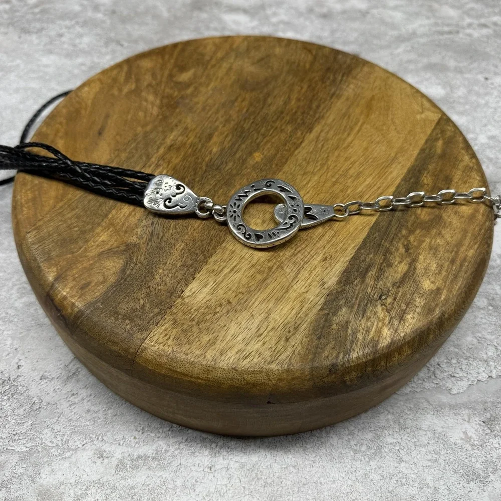 Western Belt Silver Tone Circle Slide Black Braided Cord Chain 36in Womens